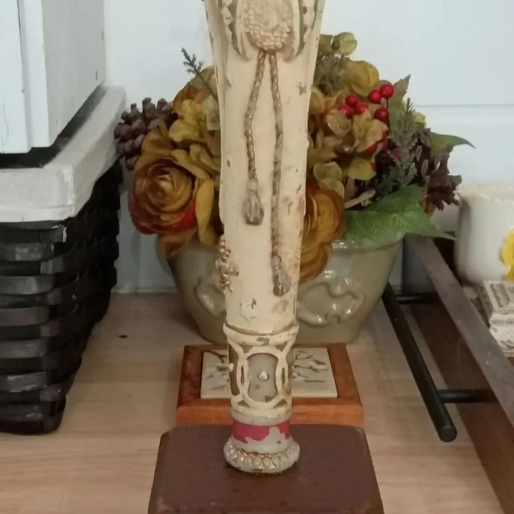 Vintage Carved Winter Angel Candle on Wooden Candlestick Holder Decoration